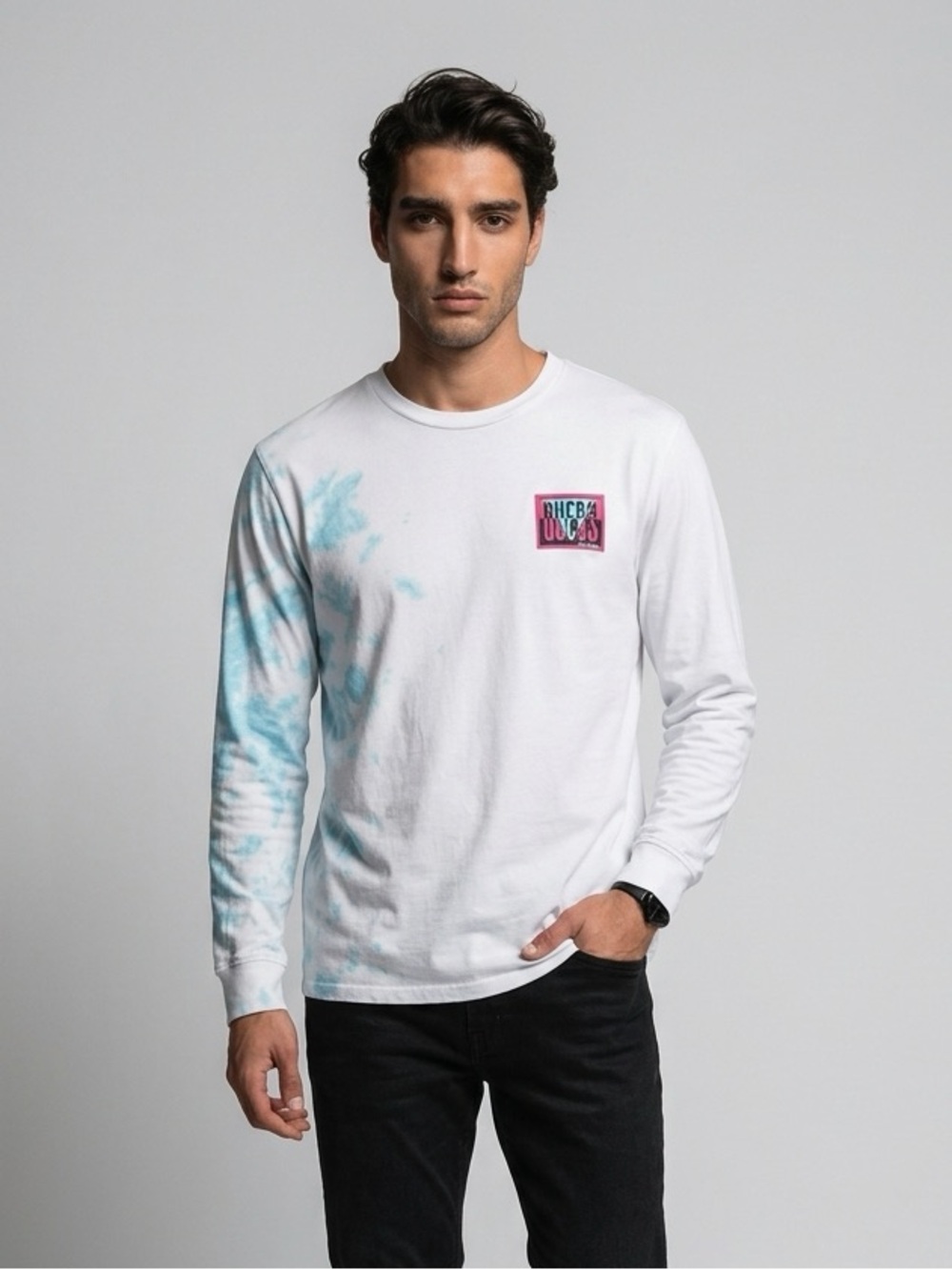 Guess White Long-Sleeve Tee with Light Blue Tie-Dye - 100% Cotton